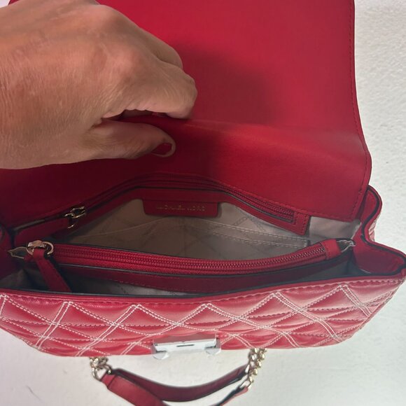 Michael Kors Sloan Quilted Stud red leather white Clutch Shoulder bag chain link - Picture 10 of 13